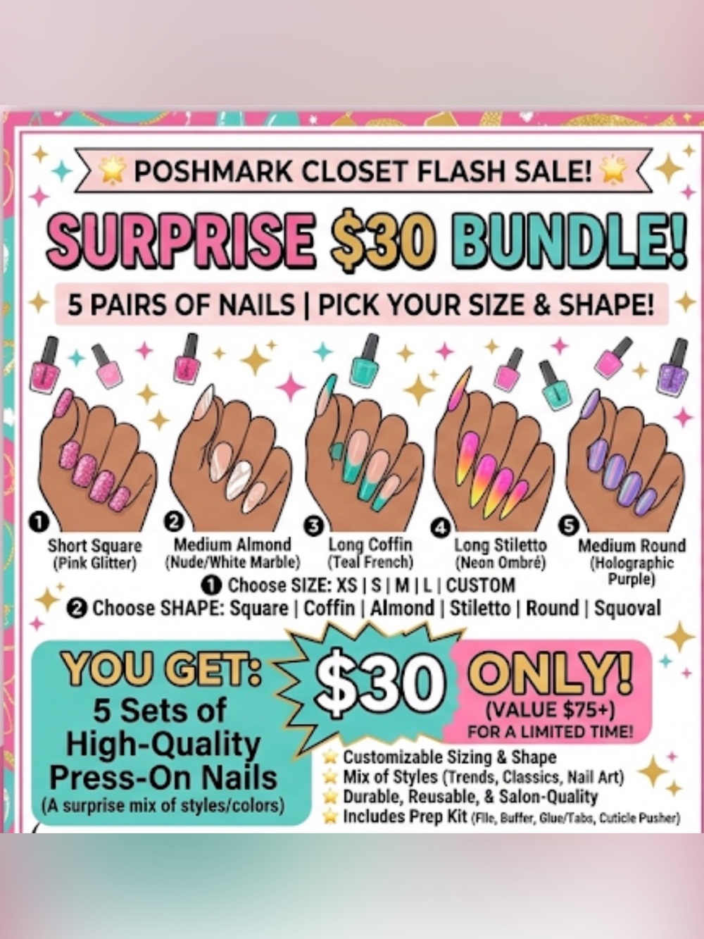 Surprise $30 Bundle - Assorted Bright Multi-Color Press-On Nails